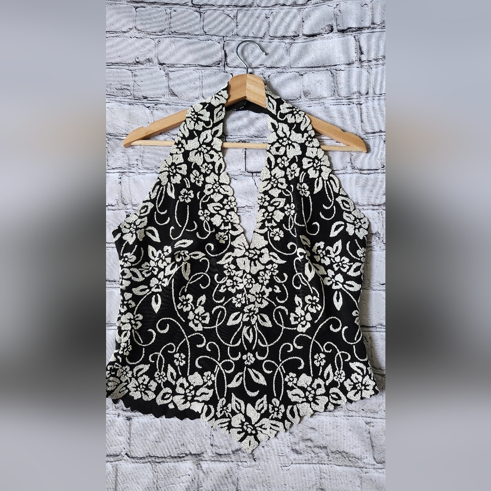 Tadashi Black Top Size L Beaded Halter Zipper Back Closure Formal  90s